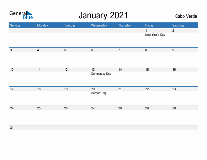 Fillable January 2021 Calendar