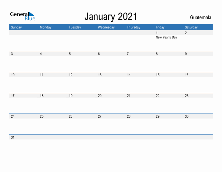 Fillable January 2021 Calendar