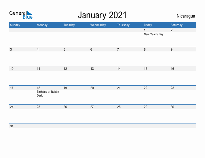 Fillable January 2021 Calendar