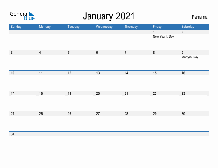 Fillable January 2021 Calendar