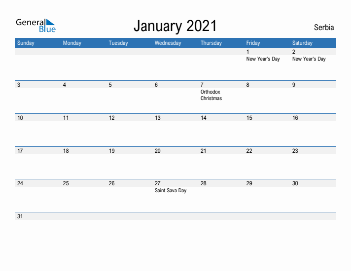 Fillable January 2021 Calendar