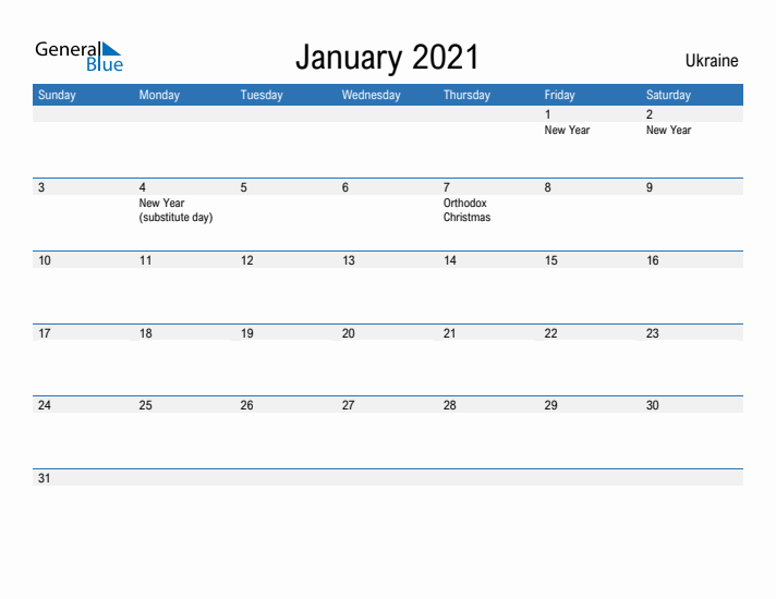 Fillable January 2021 Calendar