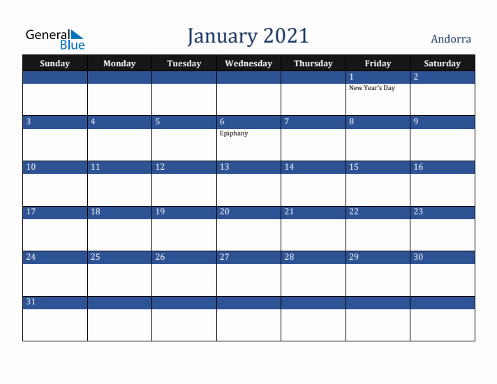 January 2021 Andorra Calendar (Sunday Start)