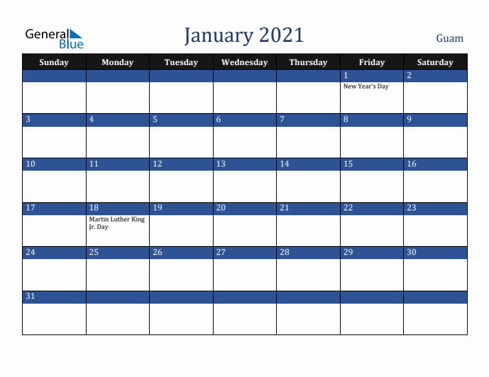 January 2021 Guam Calendar (Sunday Start)