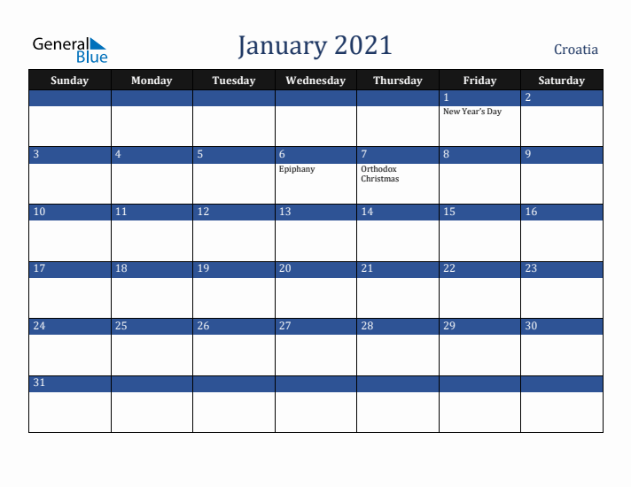 January 2021 Croatia Calendar (Sunday Start)