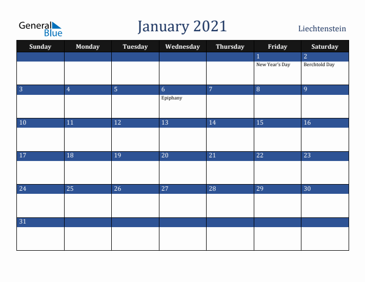 January 2021 Liechtenstein Calendar (Sunday Start)