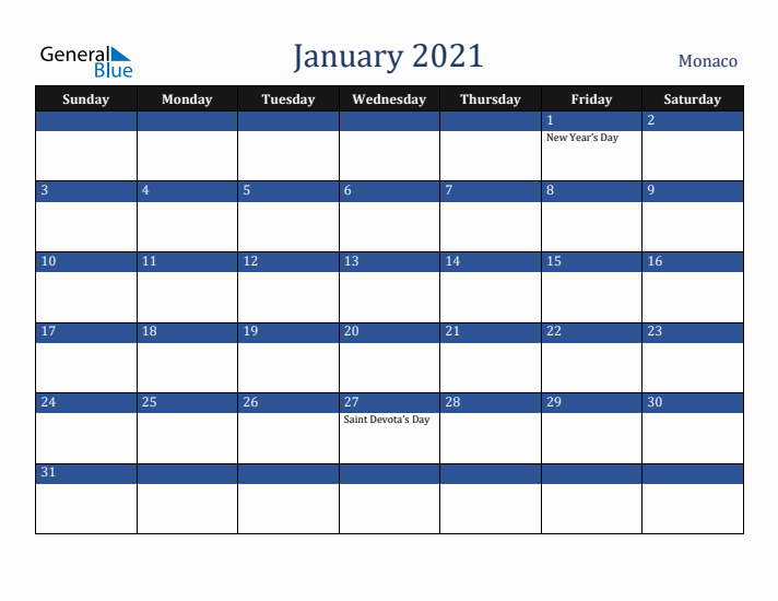 January 2021 Monaco Calendar (Sunday Start)