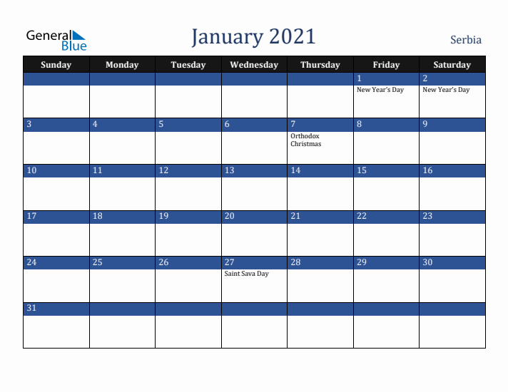 January 2021 Serbia Calendar (Sunday Start)