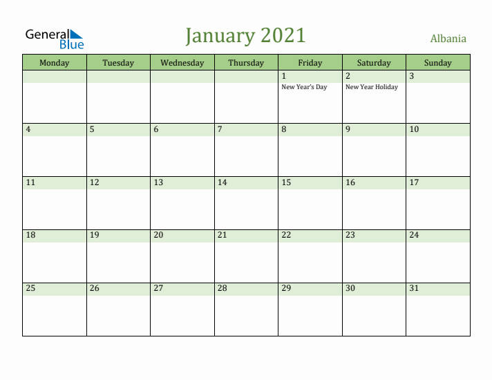 January 2021 Calendar with Albania Holidays