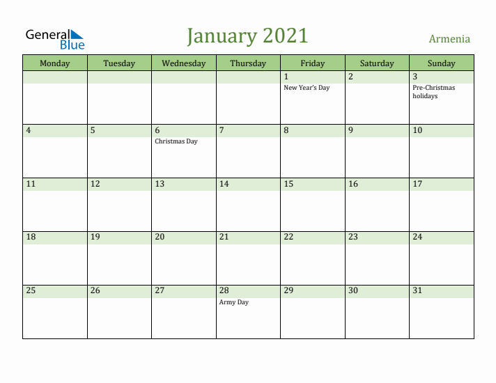 January 2021 Calendar with Armenia Holidays