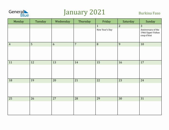 January 2021 Calendar with Burkina Faso Holidays