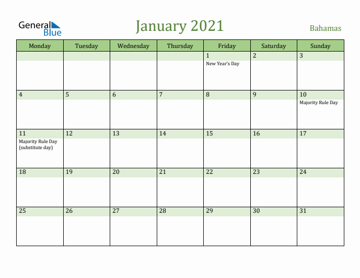 January 2021 Calendar with Bahamas Holidays