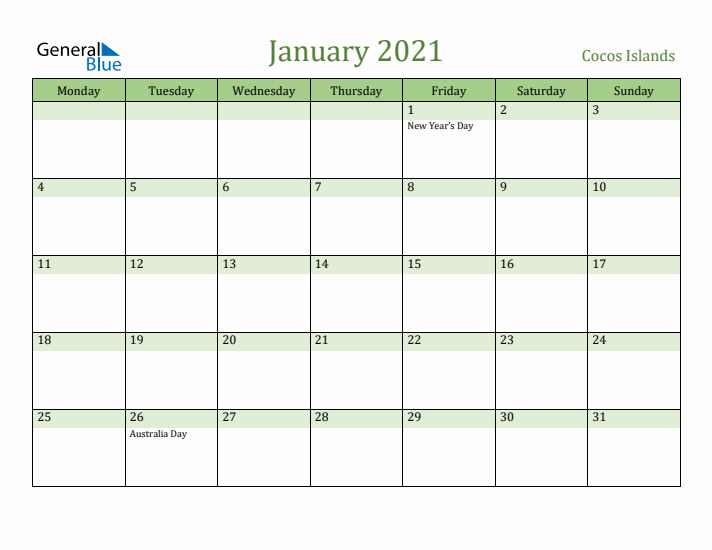 January 2021 Calendar with Cocos Islands Holidays