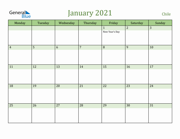 January 2021 Calendar with Chile Holidays