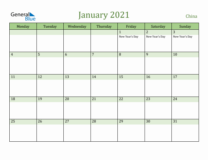 January 2021 Calendar with China Holidays