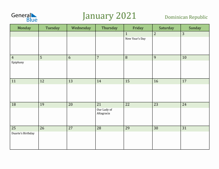 January 2021 Calendar with Dominican Republic Holidays