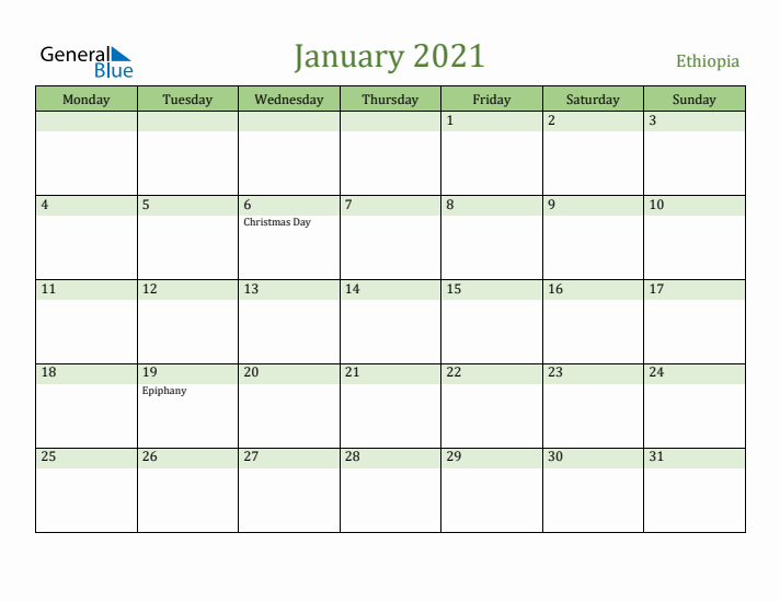 January 2021 Calendar with Ethiopia Holidays