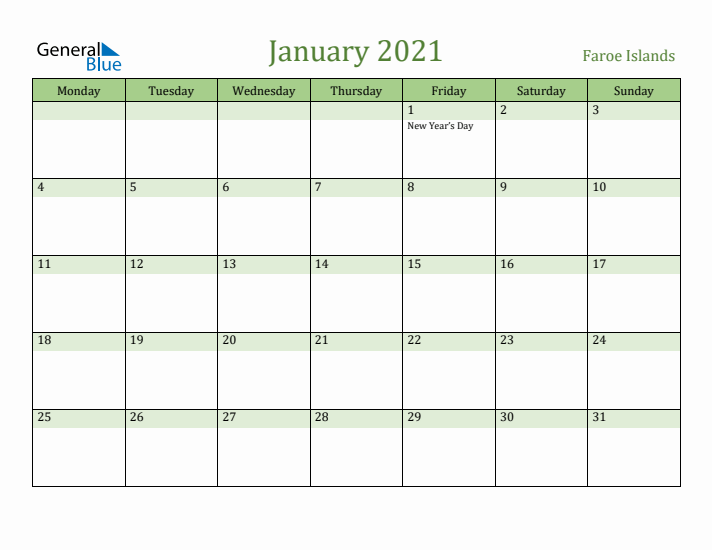 January 2021 Calendar with Faroe Islands Holidays