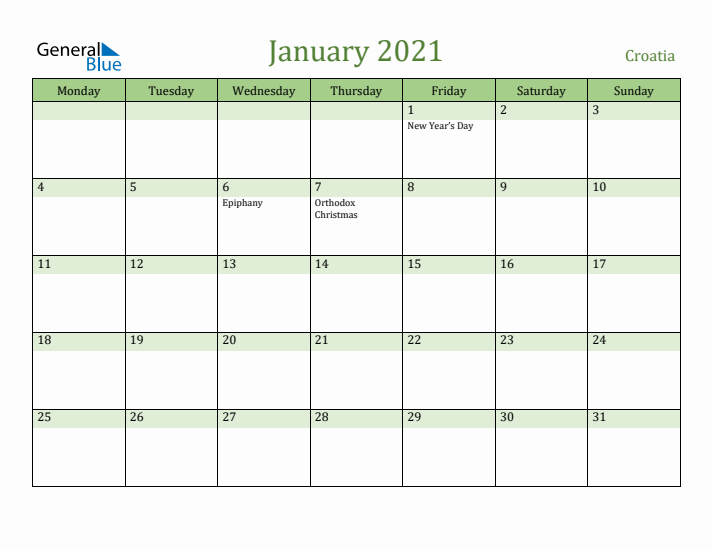 January 2021 Calendar with Croatia Holidays