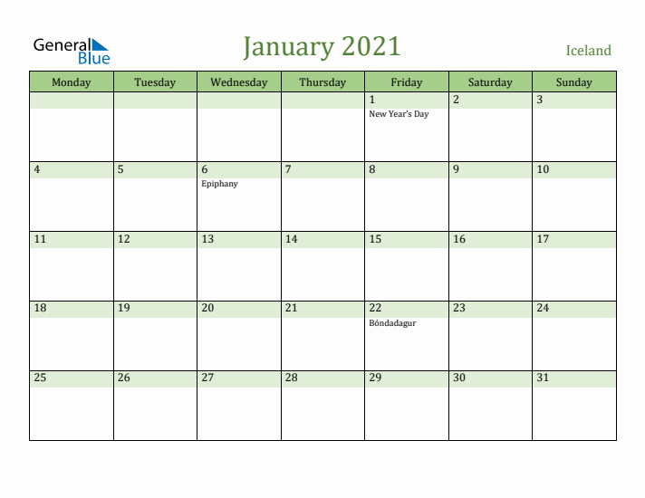 January 2021 Calendar with Iceland Holidays