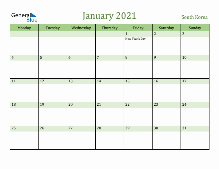 January 2021 Calendar with South Korea Holidays