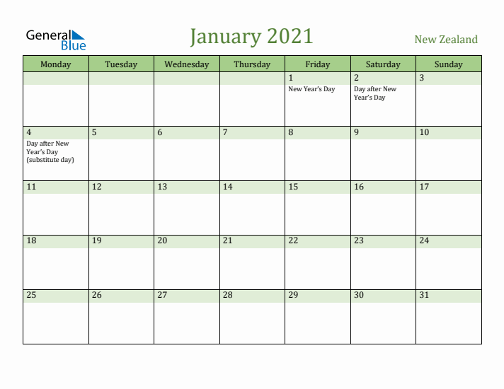 January 2021 Calendar with New Zealand Holidays