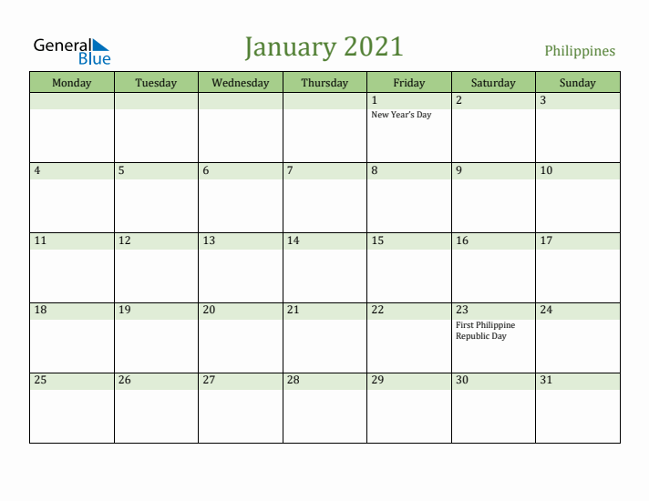 January 2021 Calendar with Philippines Holidays