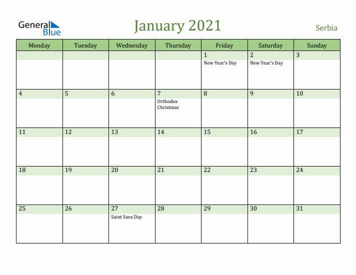 January 2021 Calendar with Serbia Holidays