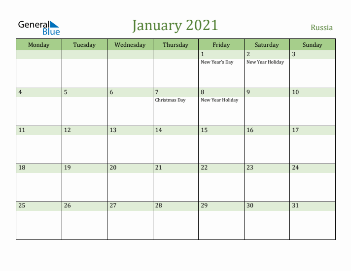 January 2021 Calendar with Russia Holidays