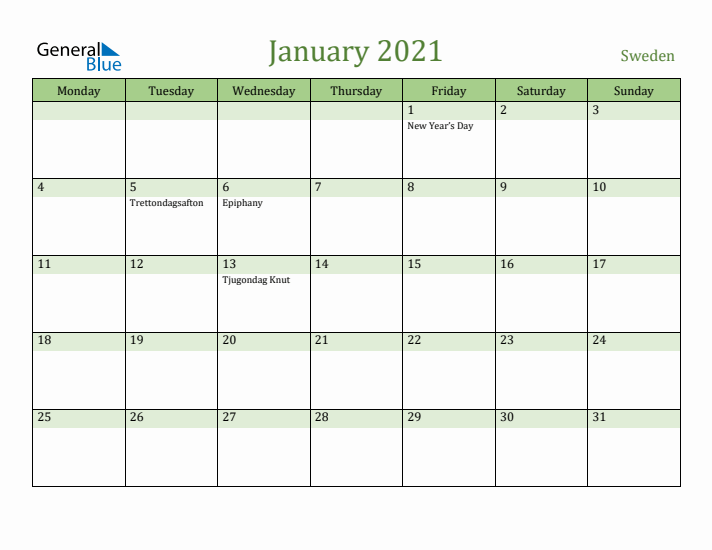 January 2021 Calendar with Sweden Holidays