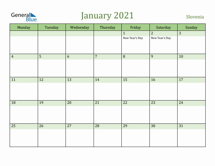 January 2021 Calendar with Slovenia Holidays