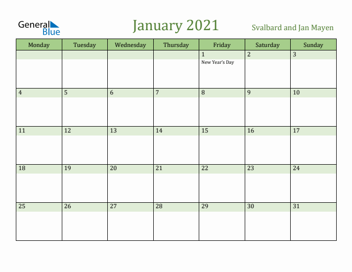 January 2021 Calendar with Svalbard and Jan Mayen Holidays