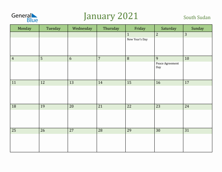 January 2021 Calendar with South Sudan Holidays