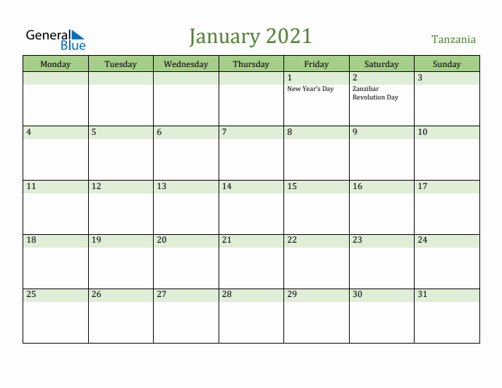 January 2021 Calendar with Tanzania Holidays