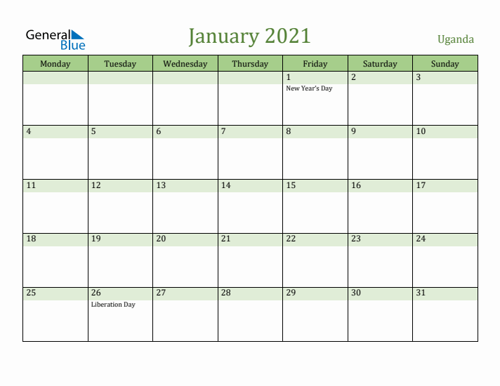 January 2021 Calendar with Uganda Holidays