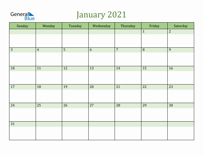 January 2021 Calendar with Sunday Start