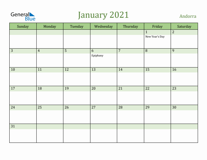 January 2021 Calendar with Andorra Holidays