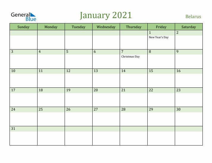 January 2021 Calendar with Belarus Holidays