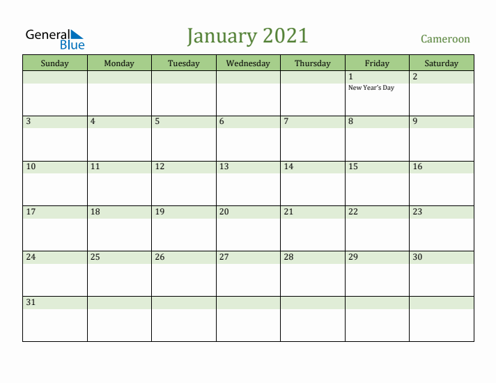 January 2021 Calendar with Cameroon Holidays