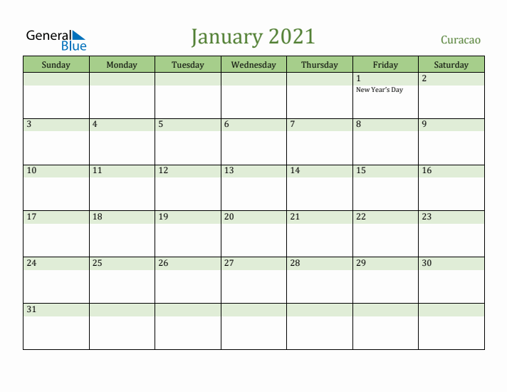 January 2021 Calendar with Curacao Holidays