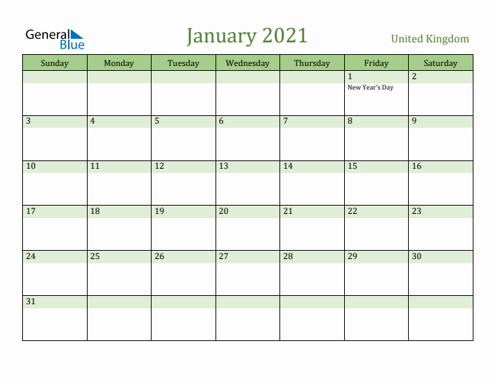 January 2021 Calendar with United Kingdom Holidays