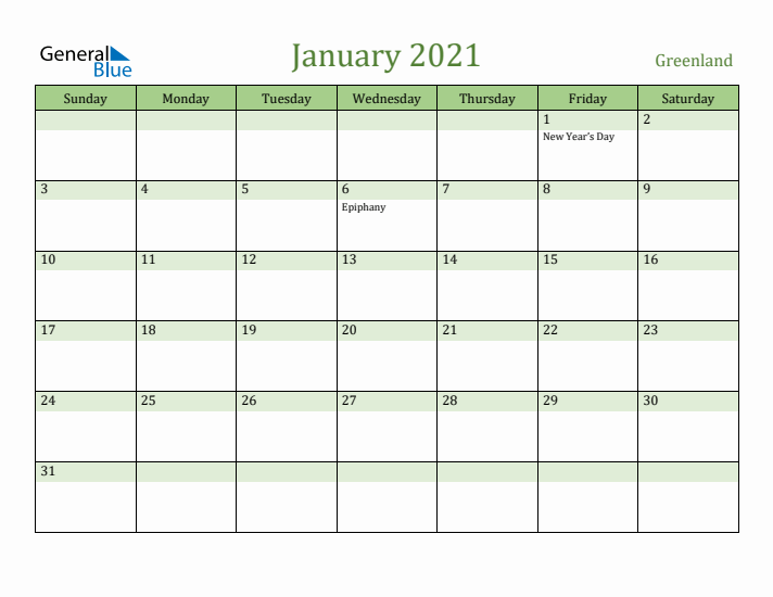 January 2021 Calendar with Greenland Holidays