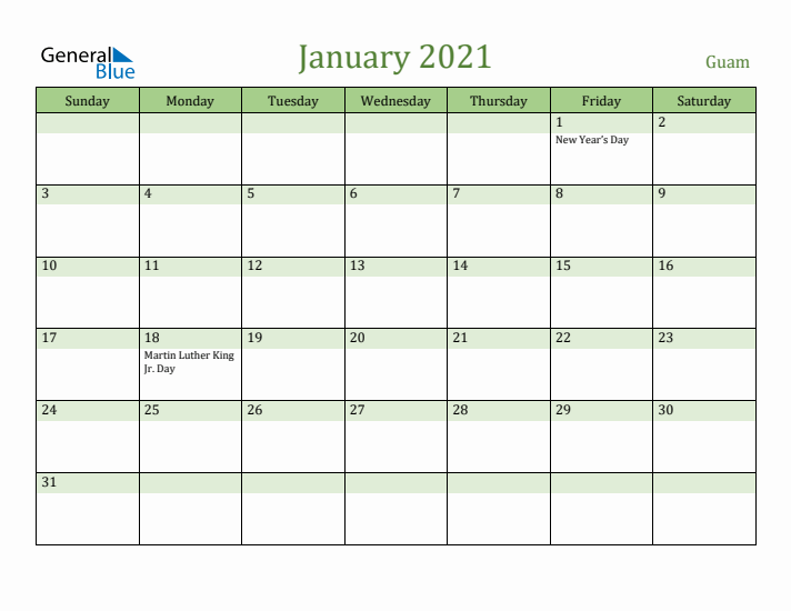 January 2021 Calendar with Guam Holidays