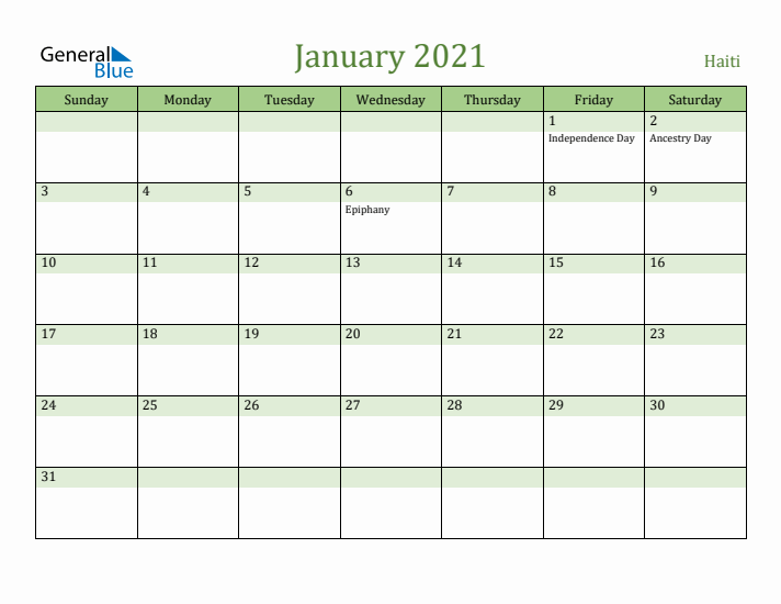 January 2021 Calendar with Haiti Holidays