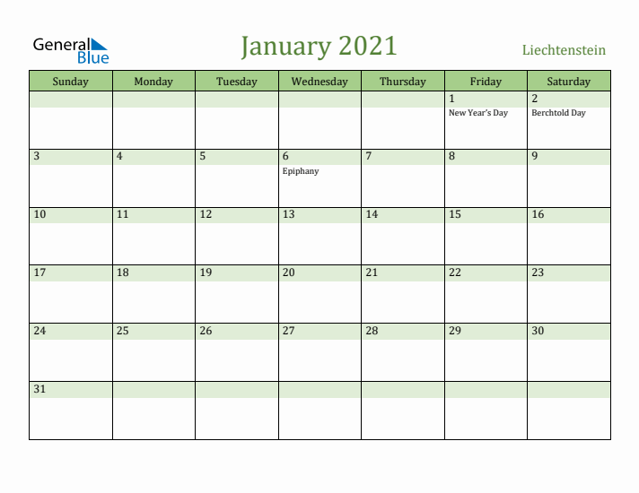 January 2021 Calendar with Liechtenstein Holidays