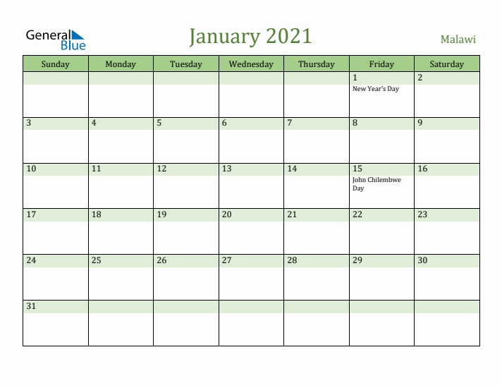 January 2021 Calendar with Malawi Holidays