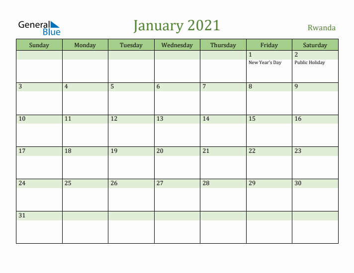 January 2021 Calendar with Rwanda Holidays