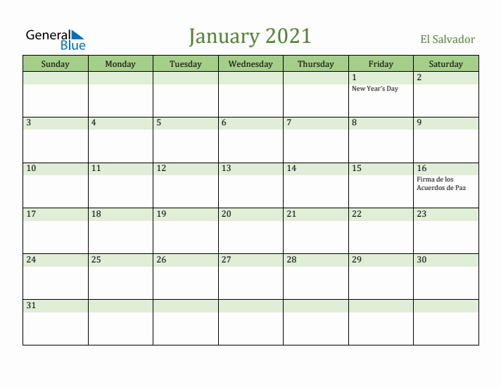 January 2021 Calendar with El Salvador Holidays