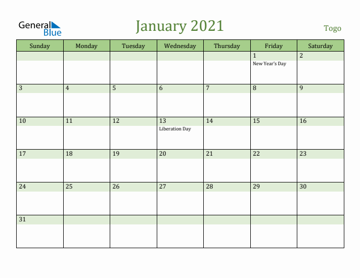 January 2021 Calendar with Togo Holidays