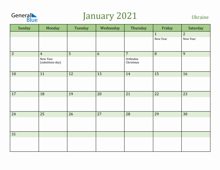 January 2021 Calendar with Ukraine Holidays